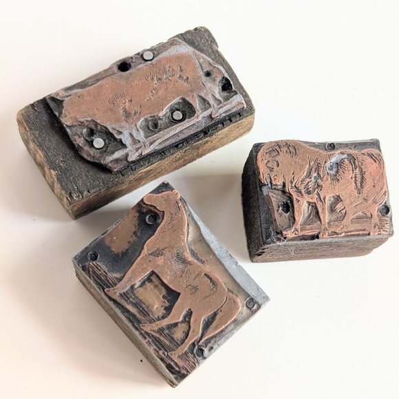 Lot of 3 Antique Copper & Wood Animals Letterpress Printers Blocks Horse Cow - Picture 5 of 9
